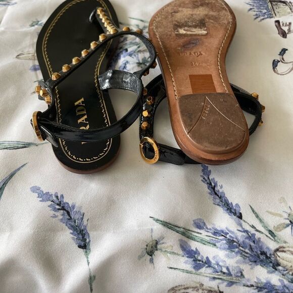 Prada black patent leather/gold stud sandals - Picture 6 of 11
